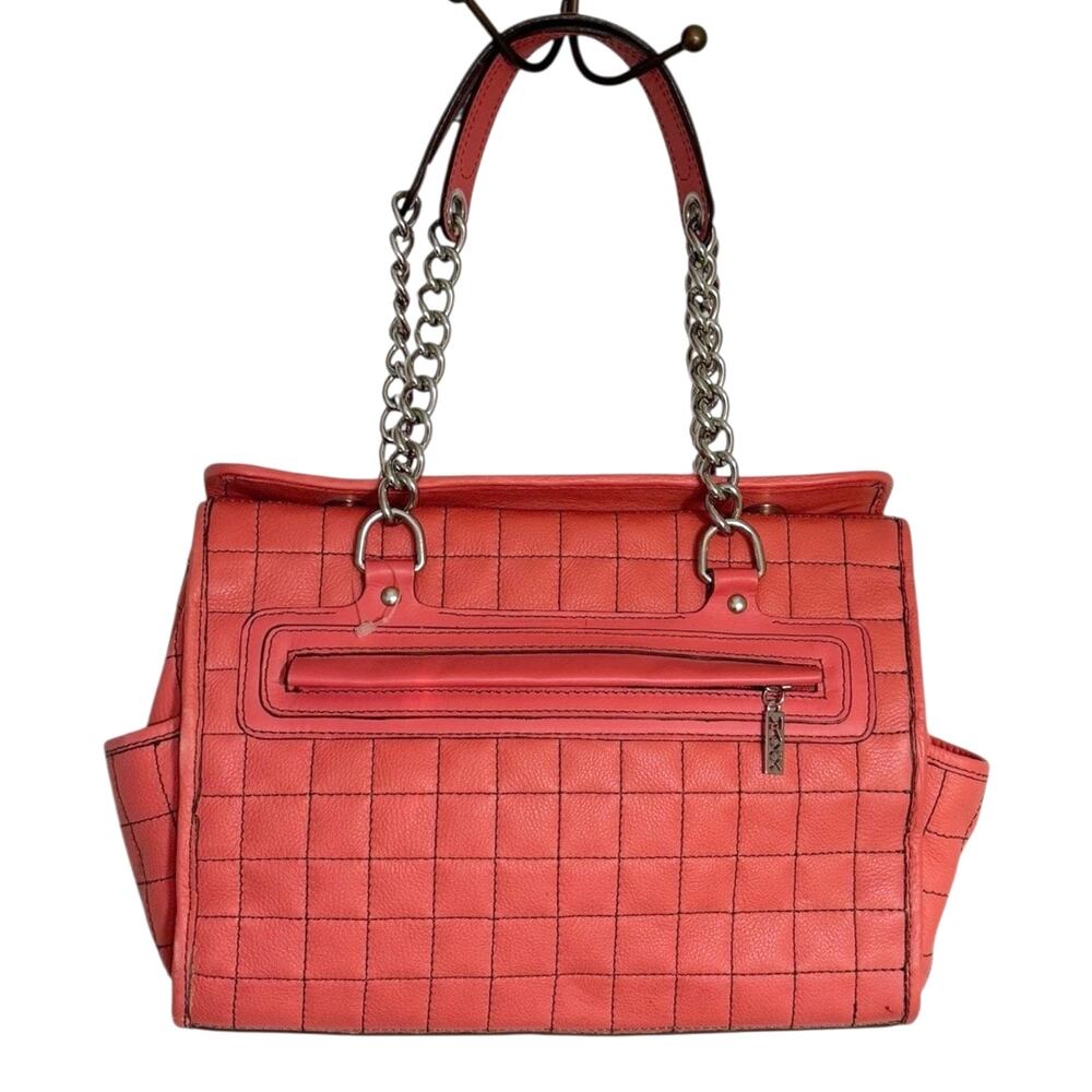 Maxx New York Genuine Leather Quilted Chain Shoulder Bag Coral Orange Zip Pocket